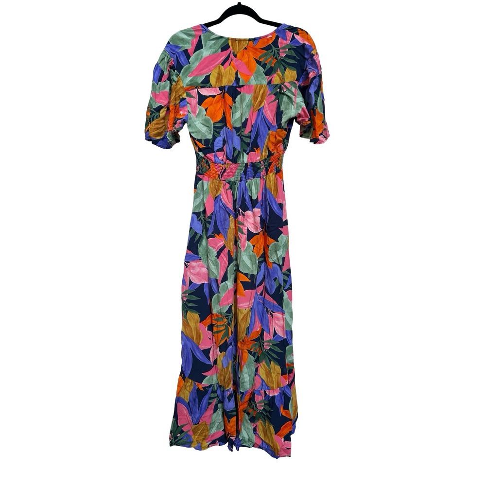 Abel the Label Floral High Low Midi Dress Tropical V-Neck Smocked Waist Large - Picture 2 of 6